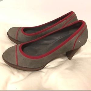 Gray and red chunky heels.